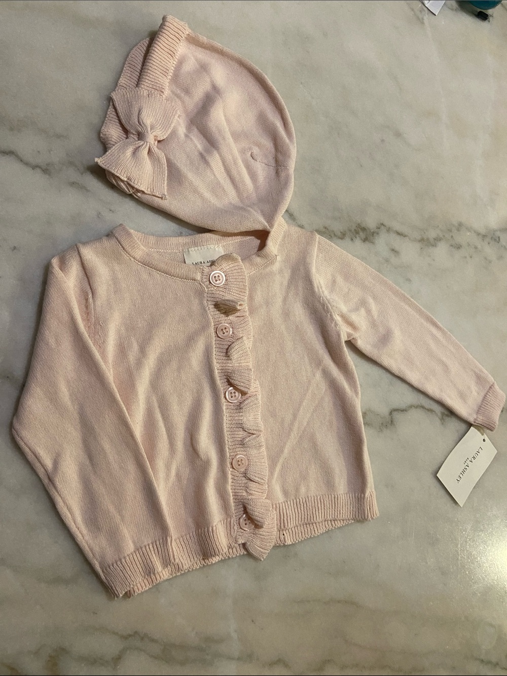 Laura Ashley Pale Pink Ruffle Button Cardigan with Bow Hat